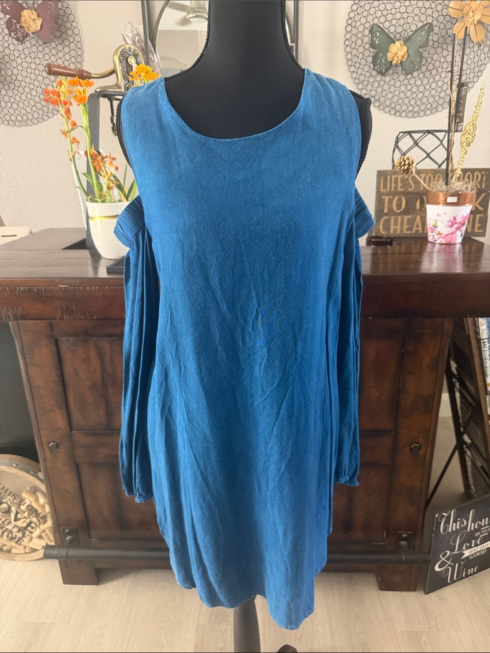 Style Envy Teal Blue Drop-Shoulder Chambray Mini Dress